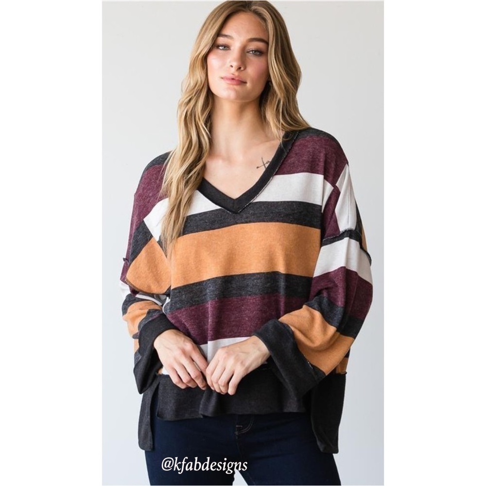 LAST 2! V Neck Large Striped Soft Top In a Relaxed Style and Rich Colors! - Picture 5 of 7